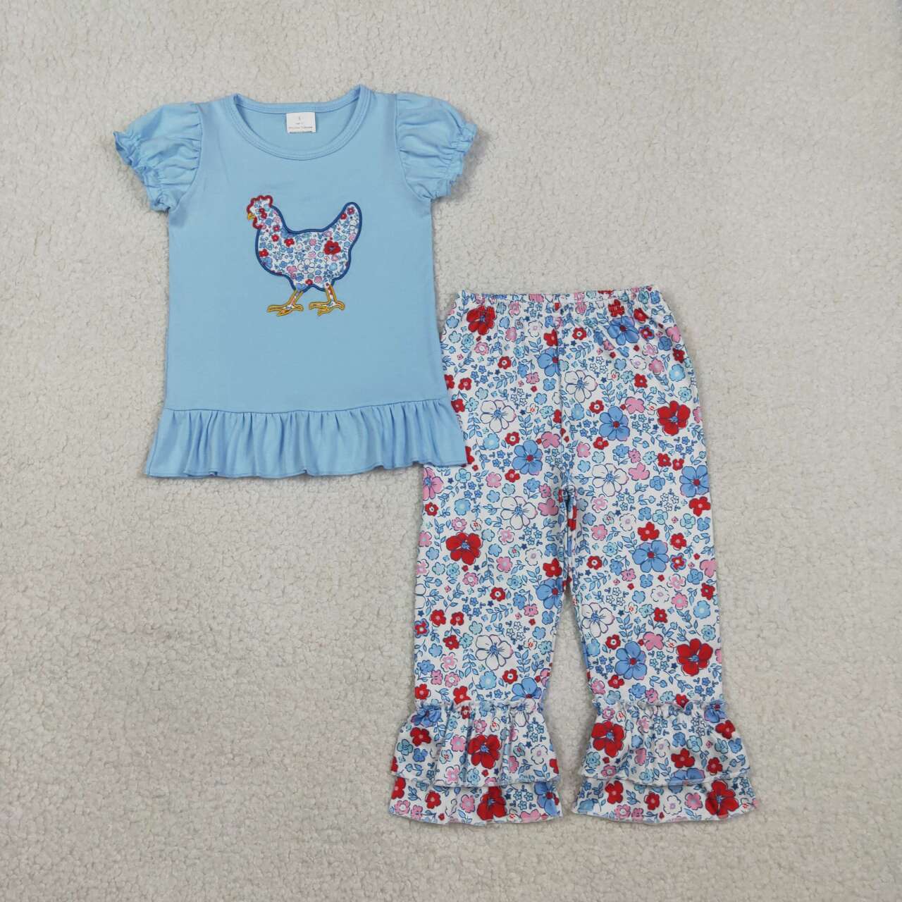 RTS NO MOQ GSPO2261 Floral Embroidery Chick Baby Girls Tunic And Ruffle Pants Set Cute Farm-Themed Outfit for Little Ones