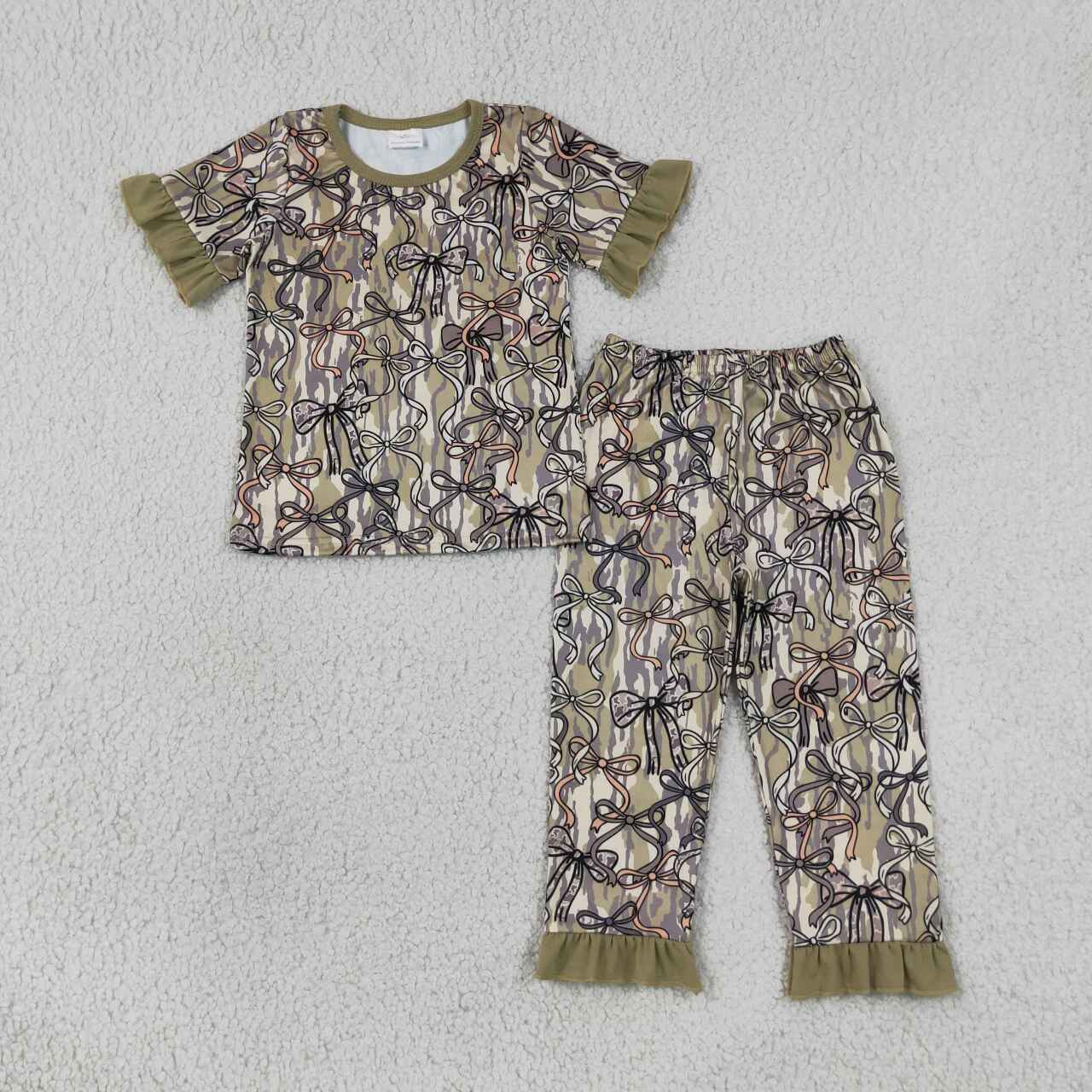 NEW RTS NO MOQ milk silk GSPO2264 Baby Girls Olive Camo Bow Top Ruffle Hem Pants Hunting Sleepwear Pajama Sets