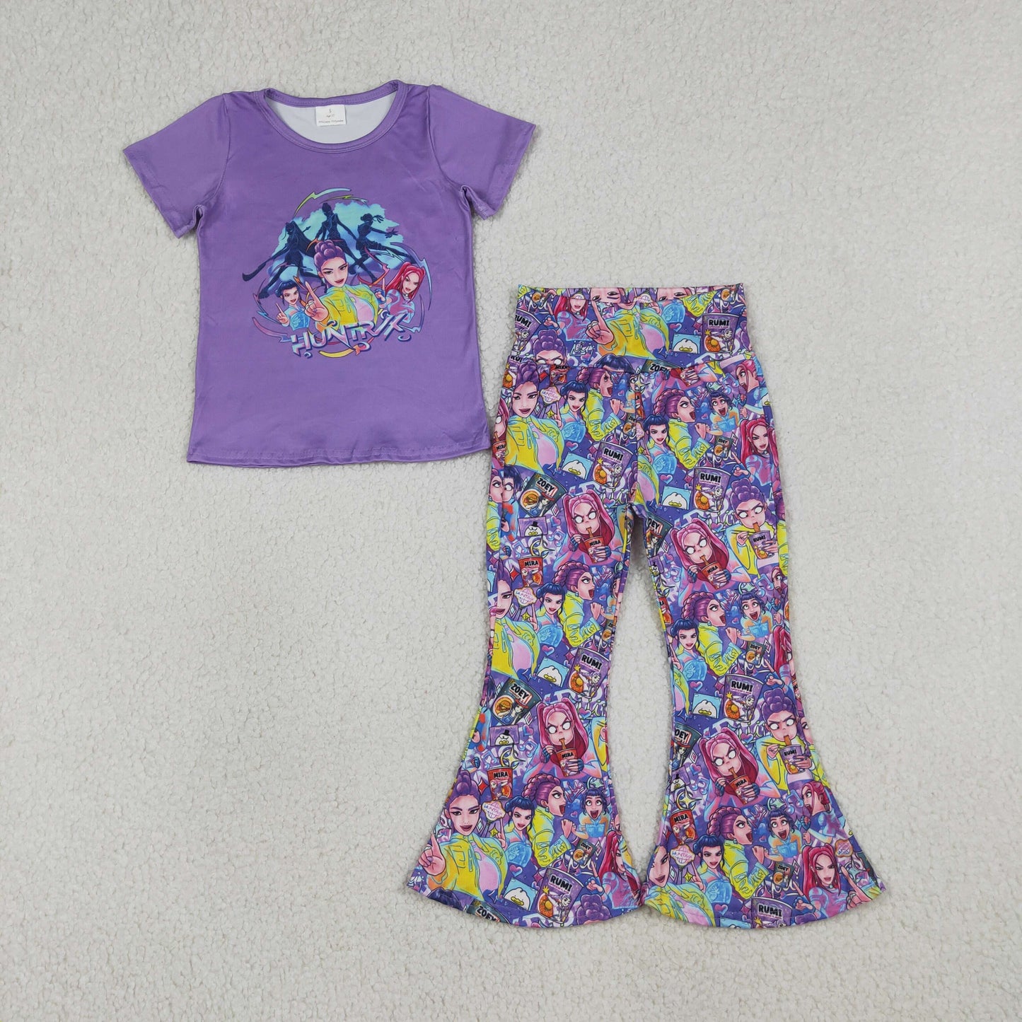 RTS NO MOQ GSPO2272 Cute Clothes Baby Girls Purple Short Sleeve Top And Bell Bottom Pants Clothing for Infants