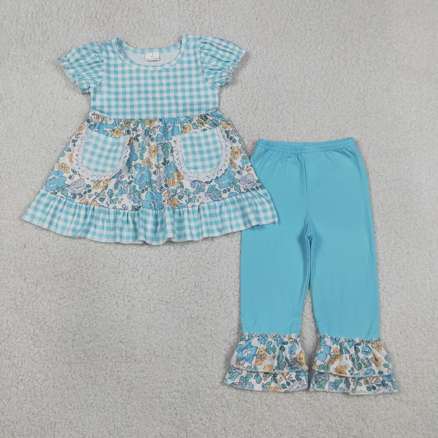 RTS NO MOQ GSPO2282 Baby Girls Blue Check Floral Pocket Tunic Casual Ruffle Pant Sets