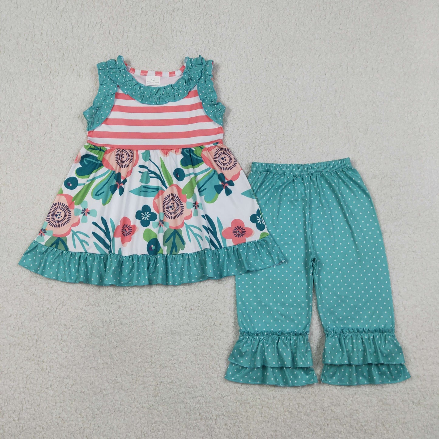RTS NO MOQ GSPO2314 Baby Girls Sleeveless Polka Dots Tunic Ruffle Pants Outfit Set Floral Print Cotton Clothes for Little Girls（2T-14T）