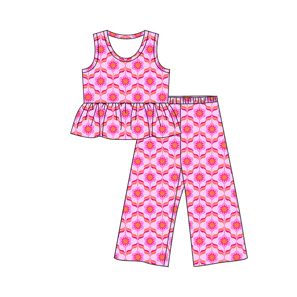 (Pre Order) No moq milk silk Baby Girls Colorful Flowers  Tunic Flare Pants Clothes Set