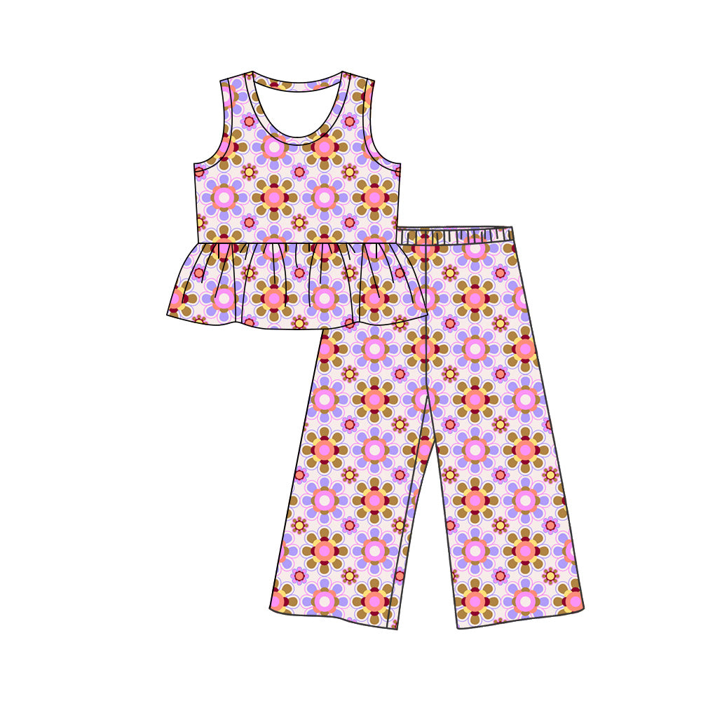 (Pre Order) No moq milk silk Baby Girls Colorful Flowers  Tunic Flare Pants Clothes Set