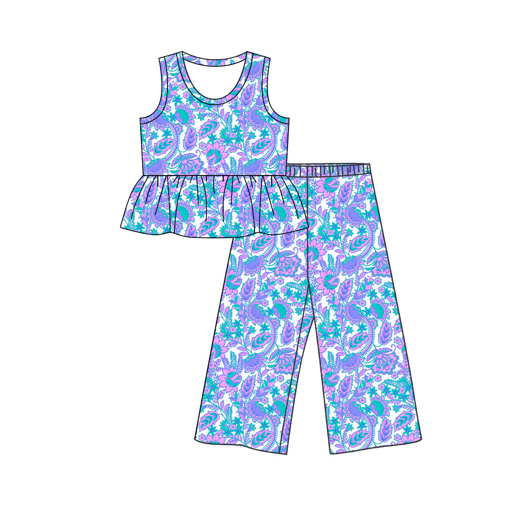 (Pre Order) No moq milk silk Baby Girls Colorful Flowers  Tunic Flare Pants Clothes Set