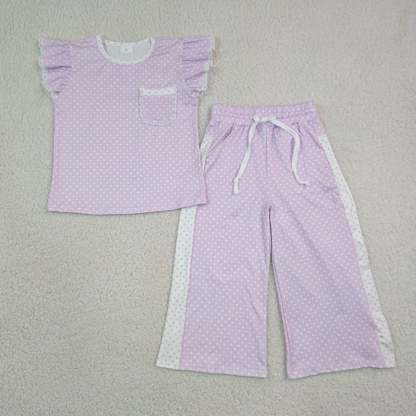 NEW RTS NO MOQ milk silk GSPO2328 Baby Girls Purple Polka Dots Pocket Top Flare Pant Clothes Sets