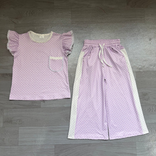 (Sample) No moq milk silk GSPO2328 Baby Girls Purple Polka Dots Print Pocket Long Sleeve Top Bell Bottom Flare Pants Set