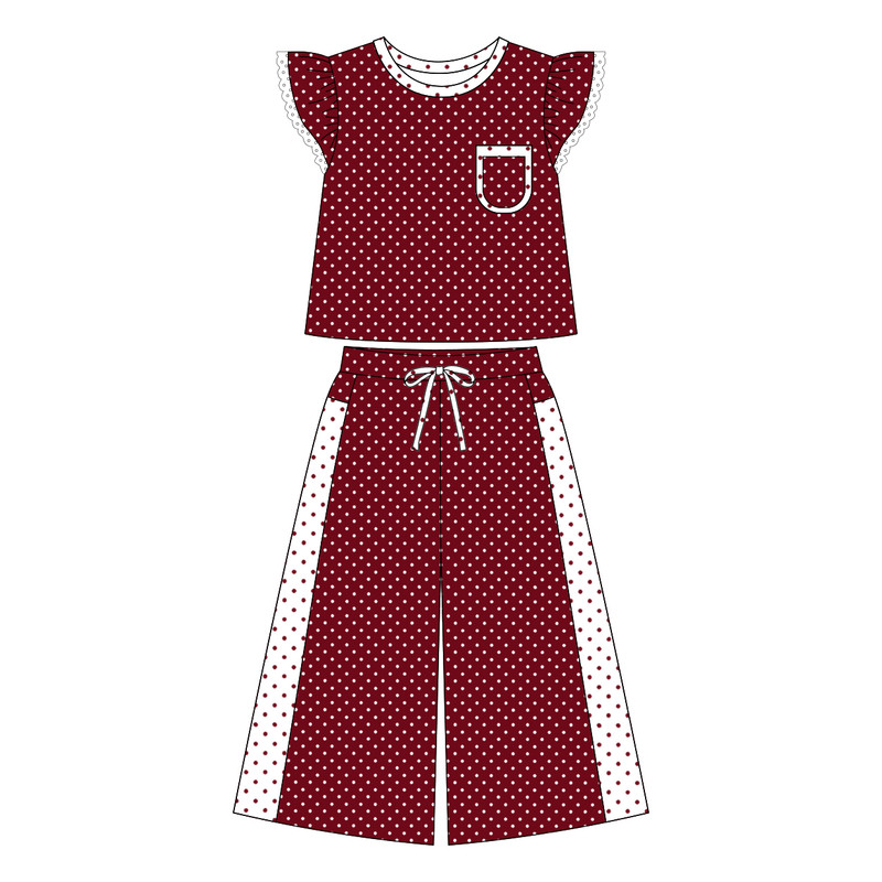 (Preorder new) No moq GSPO2329 Baby Girls Red Polka Dots Print Pocket Long Sleeve Top Bell Bottom Flare Pants Set