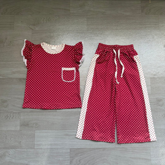 (Sample) No moq milk silk GSPO2329 Baby Girls Red Polka Dots Print Pocket Long Sleeve Top Bell Bottom Flare Pants Set