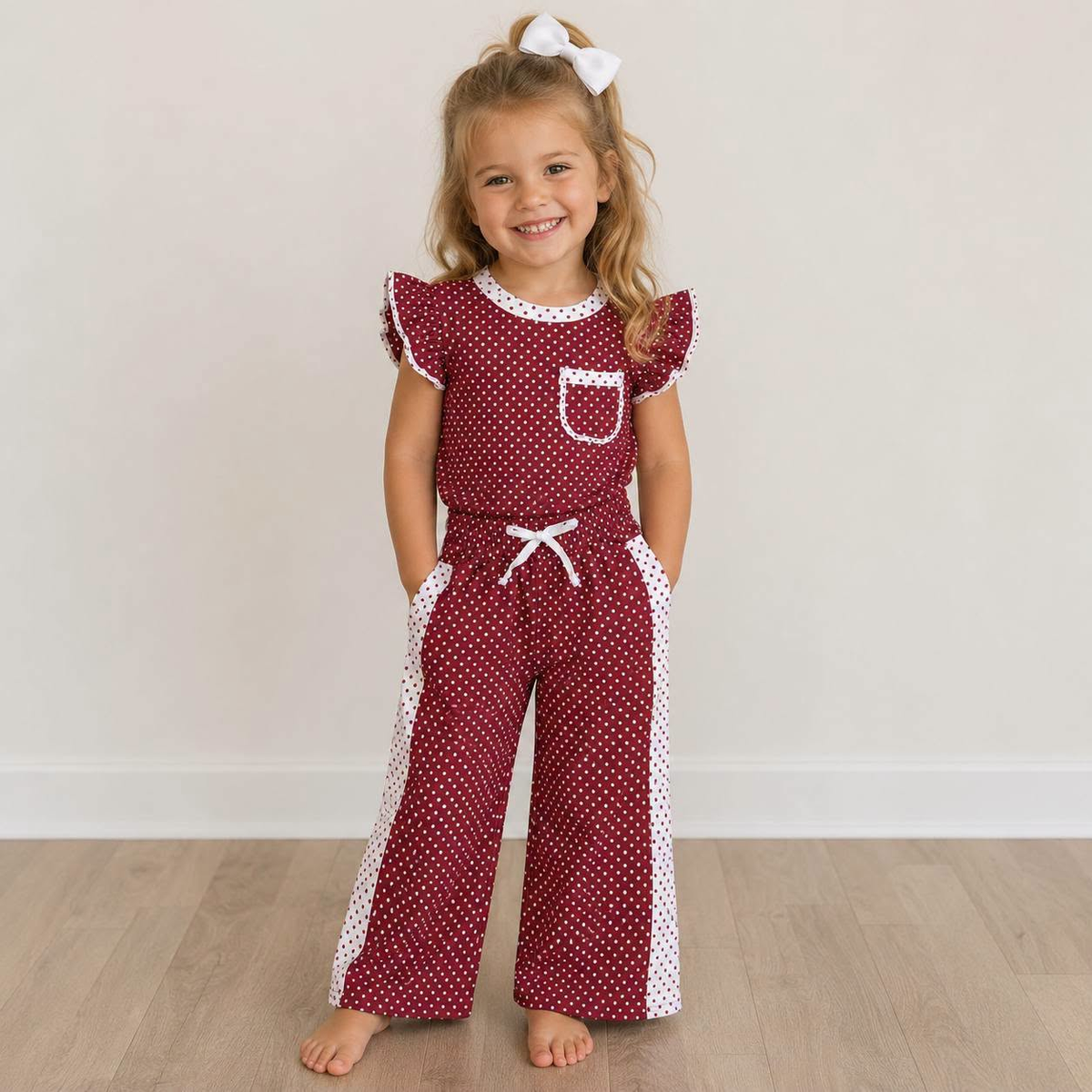 RTS NO MOQ milk silk GSPO2329 Baby Girls Maroon Polka Dots Pocket Top Flare Pant Clothes Sets