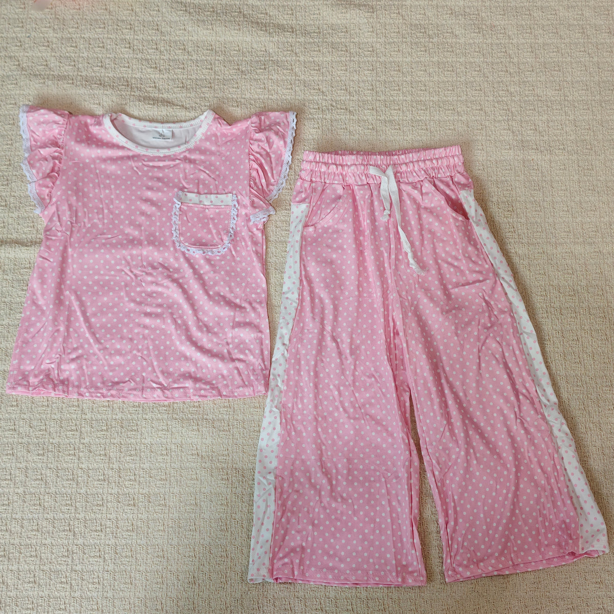 Sibling Baby Girls Flutter Sleeve Polka Dots Top with Pockets Flare Pants Clothes Set, Toddler Girl Casual Outfit