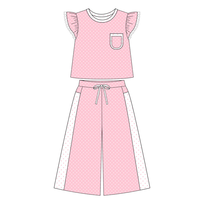 (Preorder new) No moq GSPO2330 Baby Girls Pink Polka Dots Print Pocket Long Sleeve Top Bell Bottom Flare Pants Set