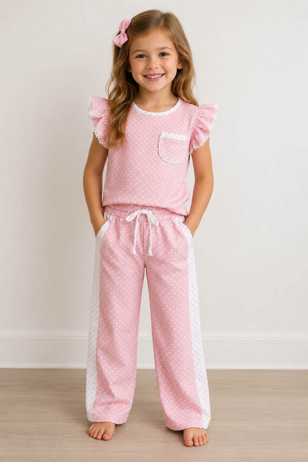 NEW RTS NO MOQ milk silk GSPO2330 Baby Girls Pink Polka Dots Print Pocket Long Sleeve Top Bell Bottom Flare Pants Casual Outfit