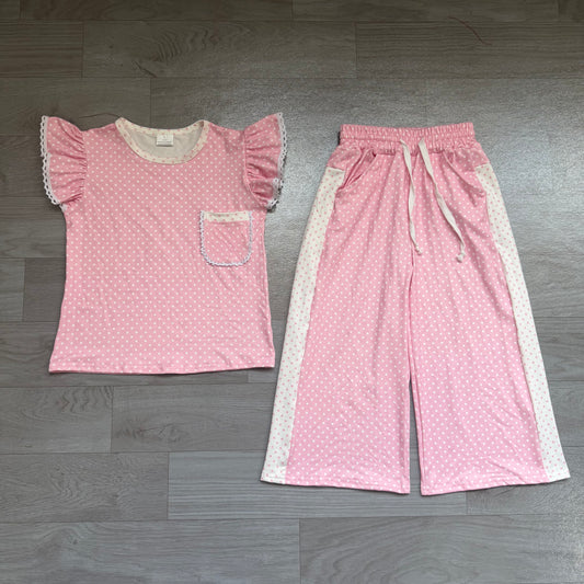 (Sample) No moq milk silk GSPO2330 Baby Girls Pink Polka Dots Print Pocket Long Sleeve Top Bell Bottom Flare Pants Set