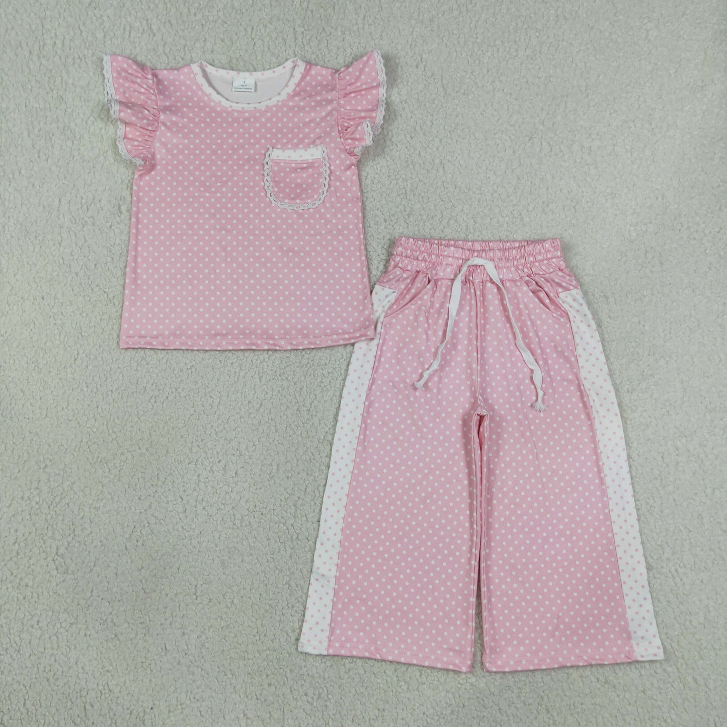 RTS NO MOQ Sibling milk silk Baby Girls Polka Dots Pocket Top Flare Pant Clothes Sets
