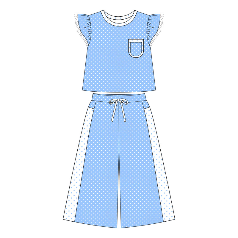 (Preorder new) No moq GSPO2331 Baby Girls Light Blue Polka Dots Print Pocket Long Sleeve Top Bell Bottom Flare Pants Set