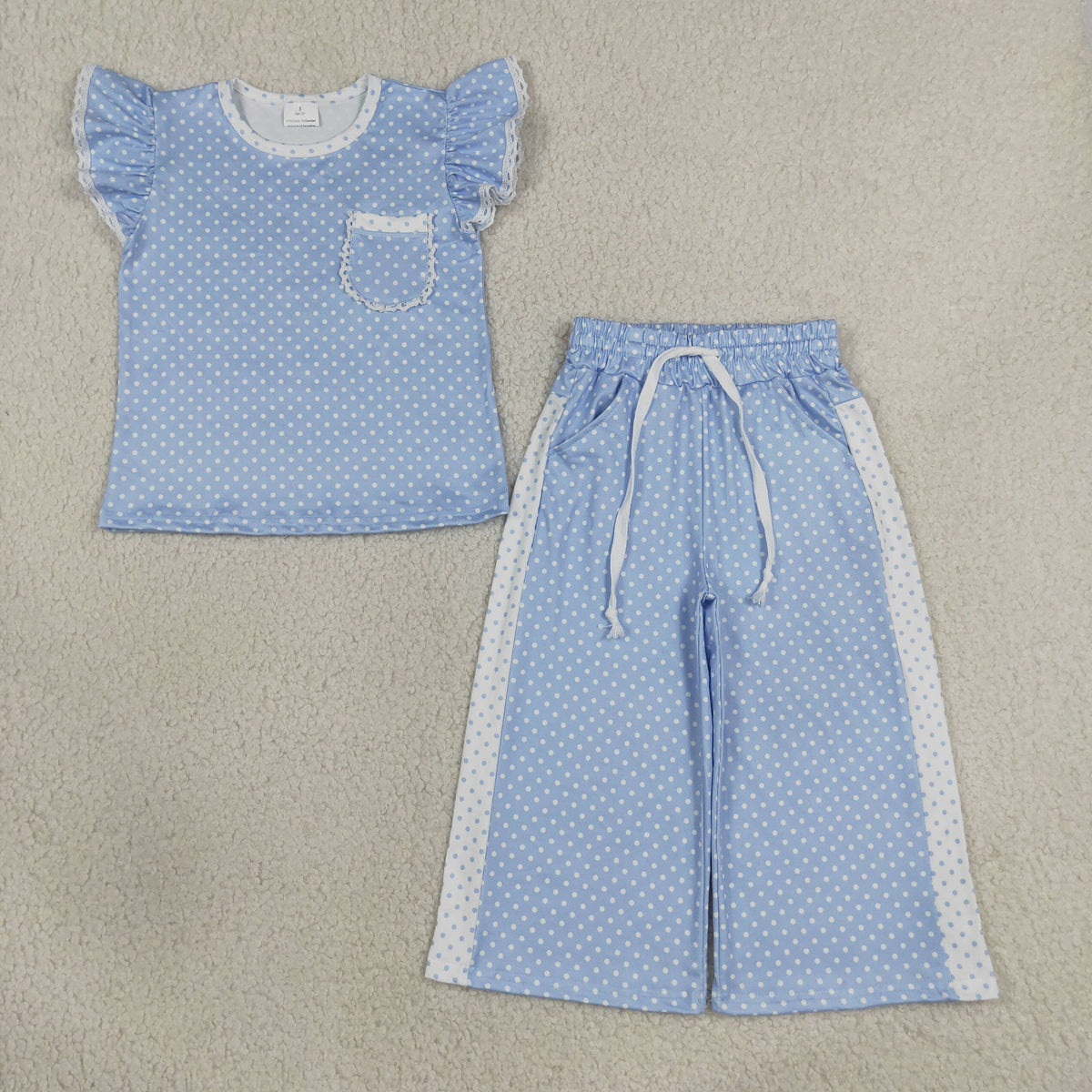 RTS NO MOQ Sibling milk silk Baby Girls Polka Dot Ruffle Sleeve Pocket Top Contrast Side Wide Leg PantsSet
