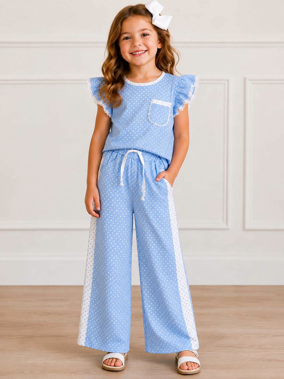 NEW RTS NO MOQ milk silk GSPO2331 Baby Girls Light Blue Polka Dots Print Pocket Long Sleeve Top Bell Bottom Flare Pants Set