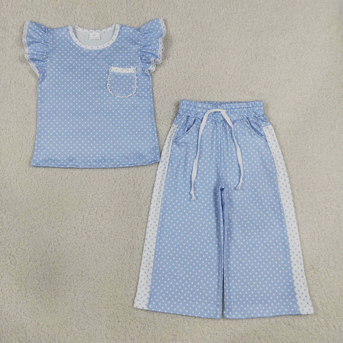 RTS NO MOQ Sibling milk silk Baby Girls Polka Dots Pocket Top Flare Pant Clothes Sets
