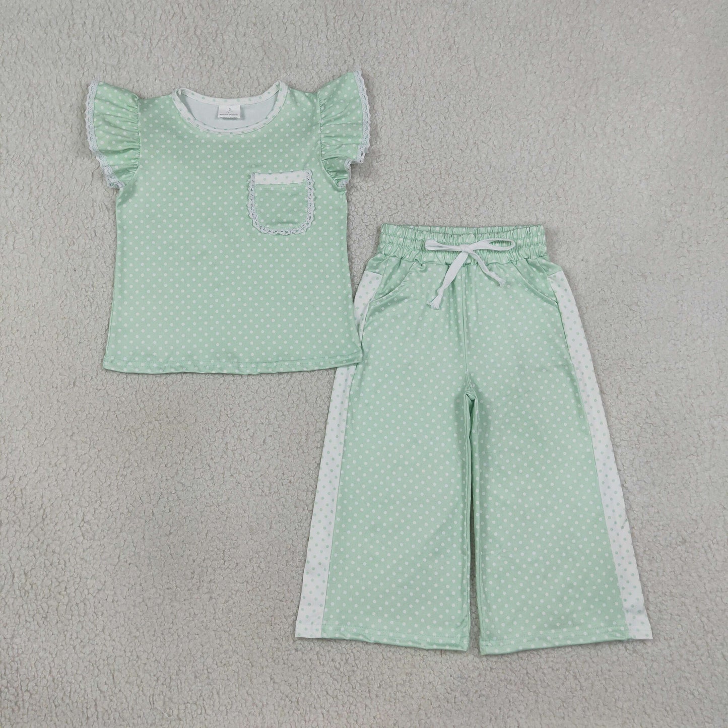 NEW RTS NO MOQ milk silk GSPO2332 Baby Girls Light Green Polka Dots Pocket Top Flare Pant Clothes Sets