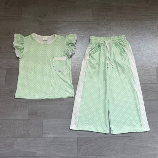 (Sample) No moq milk silk GSPO2332 Baby Girls Green Polka Dots Print Pocket Long Sleeve Top Bell Bottom Flare Pants Set