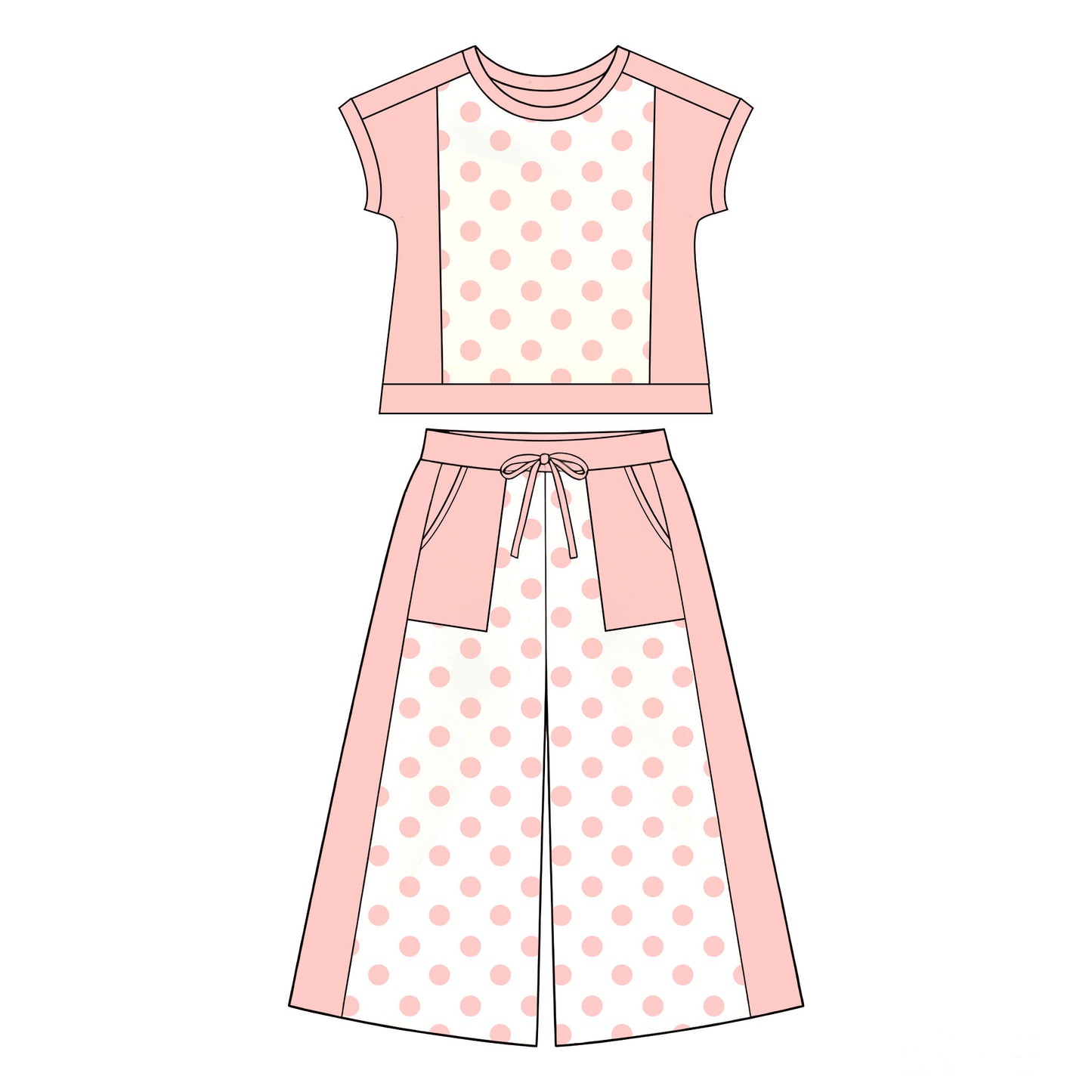 (Preorder new) No moq Yoga Baby Girls Peach Polka Dots Print Top With Pockets Flare Pant Two Piece Clothes Sets