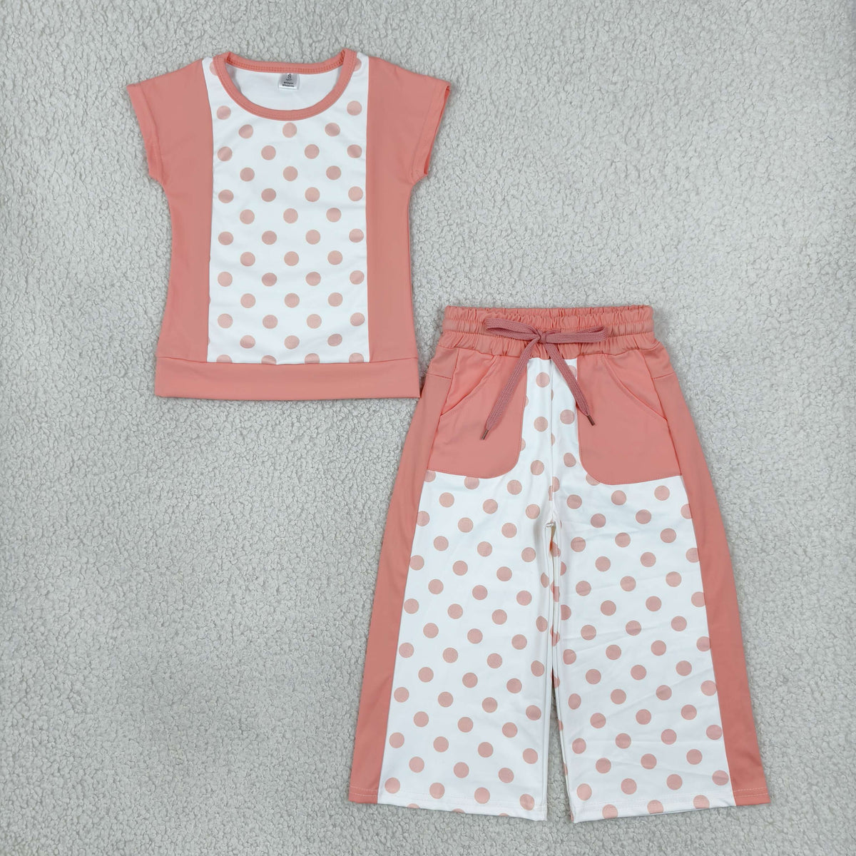 RTS NO MOQ Sibling yoga fabric Baby Girls Polka Dots Top Pockets Flare Pant Yoga Set