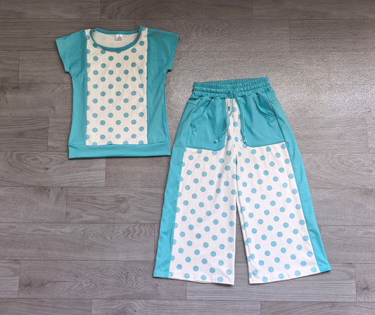 (Sample) No moq yoga fabric GSPO2334 Yoga Baby Girls Blue Polka Dots Print Top With Pockets Matching Flare Pant Two Piece Clothes Set