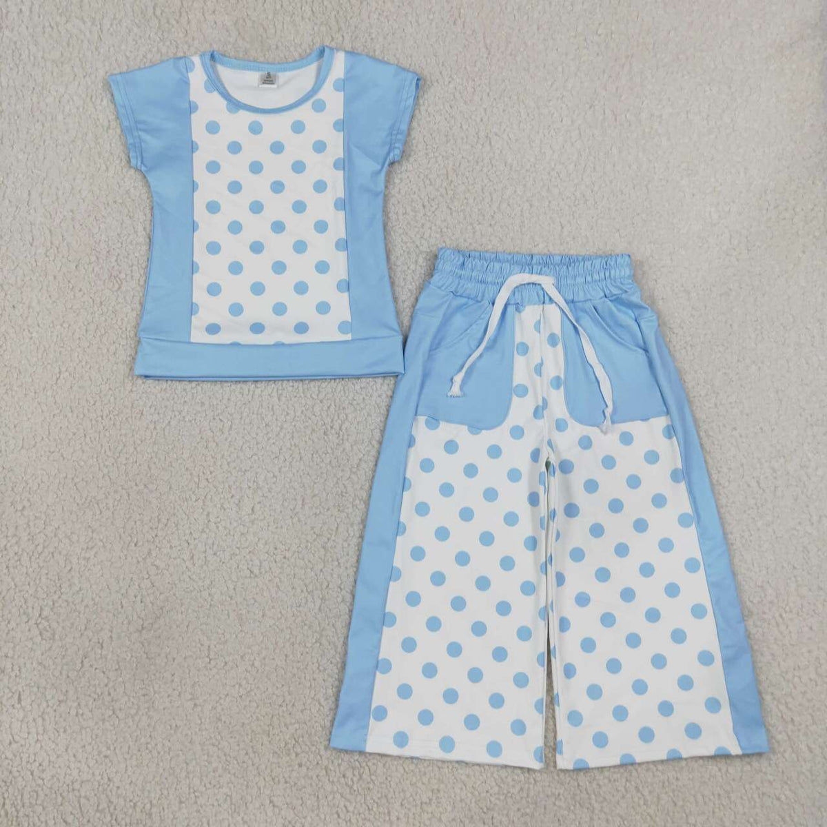 NEW RTS NO MOQ milk silk GSPO2334 Baby Girls Blue Polka Dots Print Top With Pockets Flare Pant Set