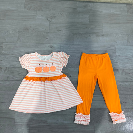 (Sample) No moq milk silk GSPO2337  Embroidery Baby Girls Bow Pumpkin Print Stripe Long Sleeve Tunic Top Ruffle Pant Outfit Set