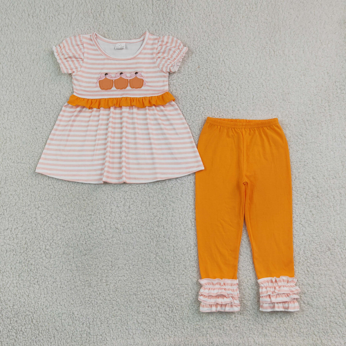 RTS NO MOQ Sibling milk silk Embroidery Baby Boys Girls Short Sleeve Romper Top Pants Ruffle Dress Toddler Fall Clothes Pumpkin Print Stripe Outfit
