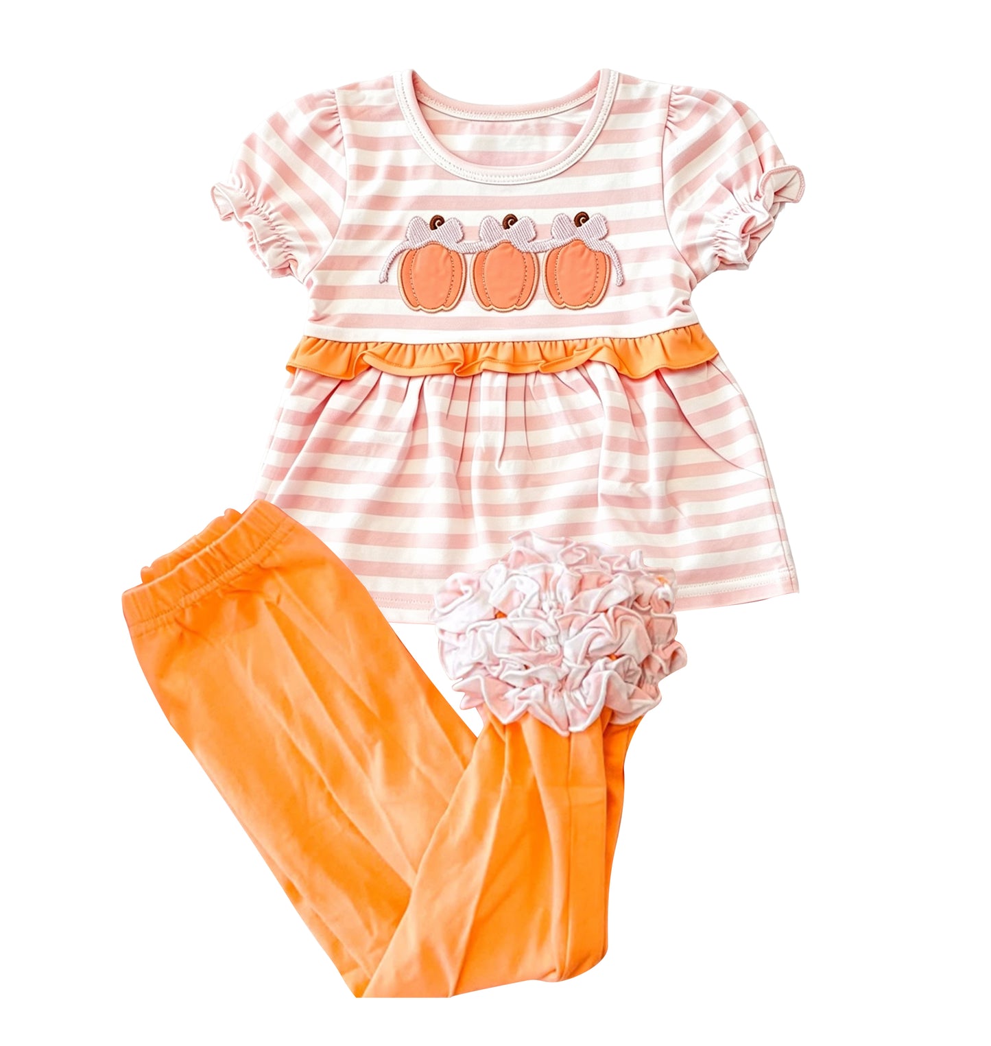 (Preorder new) No moq Embroidery Bow Pumpkins Baby Girls Boys Top Pockets Jogger Fall Clothes Sets Rompers Dress