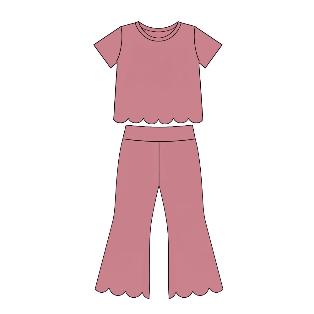(Preorder new) No moq Baby Girls Solid Color Crew Neck Short Sleeve Top Pants Scallop Clothes Sets