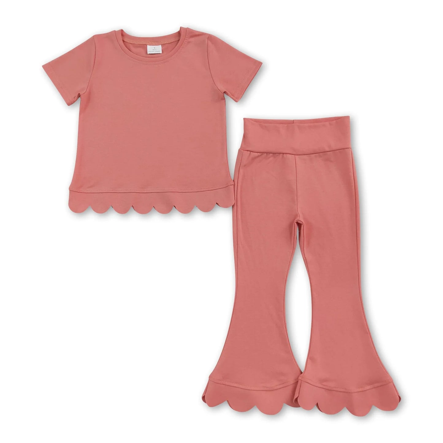 RTS NO MOQ Sibling cotton Baby Girls Solid Color Short Sleeve Shirts Top Bell Bottom Pant Scallop Clothes Sets Casual Outfit