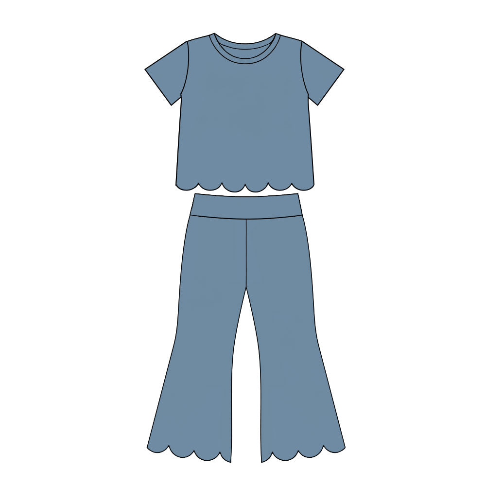 (Preorder new) No moq Baby Girls Solid Color Crew Neck Short Sleeve Top Pants Scallop Clothes Sets