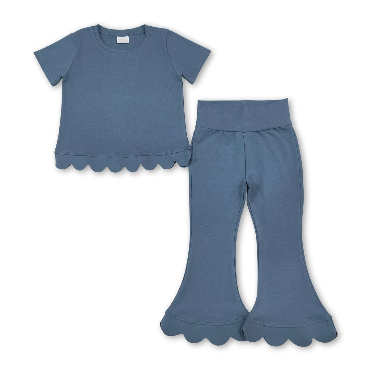 RTS NO MOQ Sibling cotton Baby Girls Solid Color Short Sleeve Shirts Top Bell Bottom Pant Scallop Clothes Sets Casual Outfit