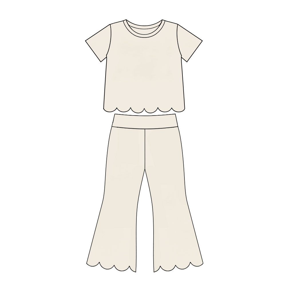 (Preorder new) No moq Baby Girls Solid Color Crew Neck Short Sleeve Top Pants Scallop Clothes Sets