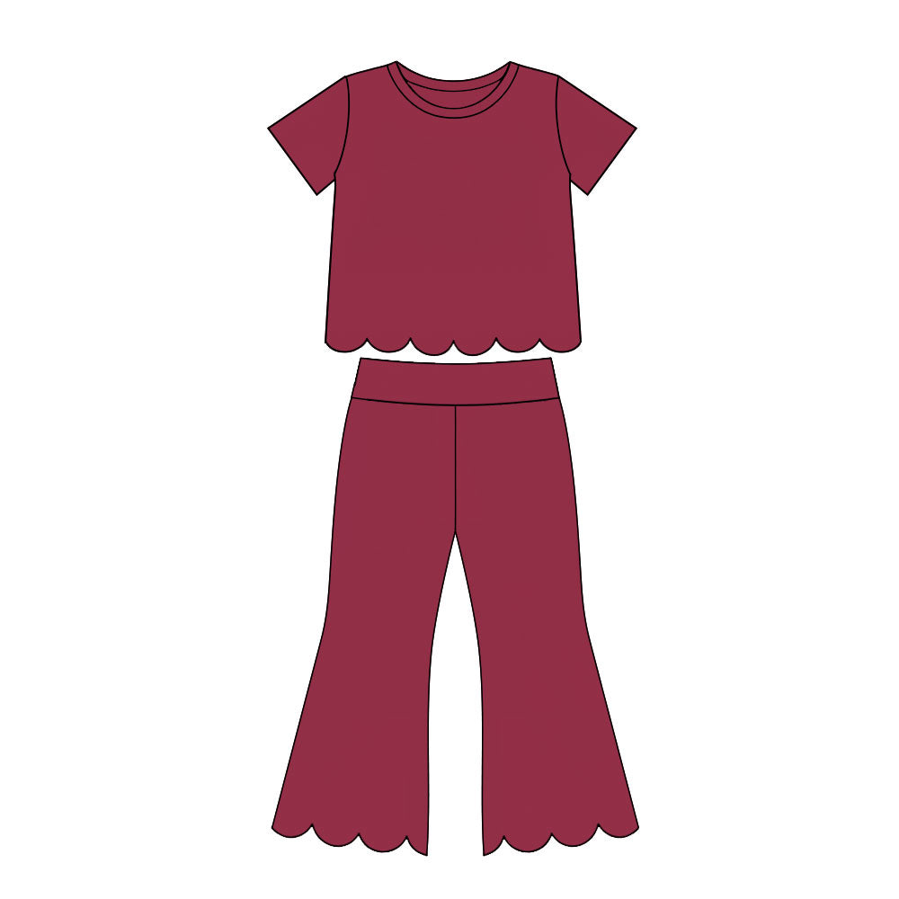 (Preorder new) No moq Baby Girls Solid Color Crew Neck Short Sleeve Top Pants Scallop Clothes Sets