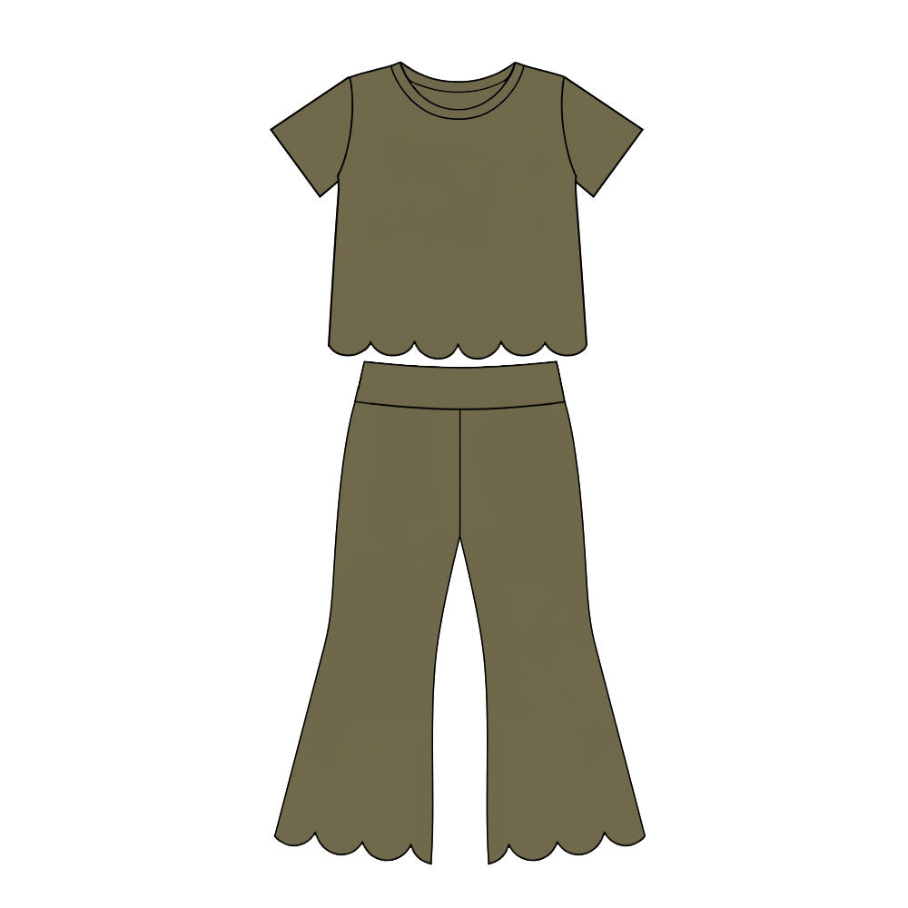 (Preorder new) No moq Baby Girls Solid Color Crew Neck Short Sleeve Top Pants Scallop Clothes Sets