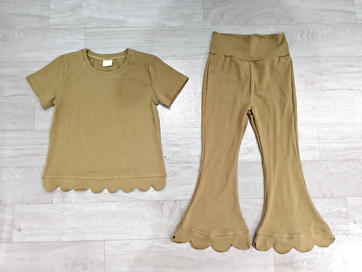 (Sample) No moq cotton GSPO2342（GT1772+P1080）Baby Girls Olive Short Sleeve Shirts Top Flare Pant Scallop Set