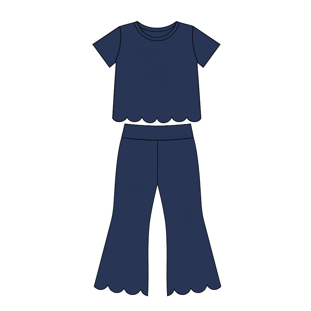 (Preorder new) No moq Baby Girls Solid Color Crew Neck Short Sleeve Top Pants Scallop Clothes Sets