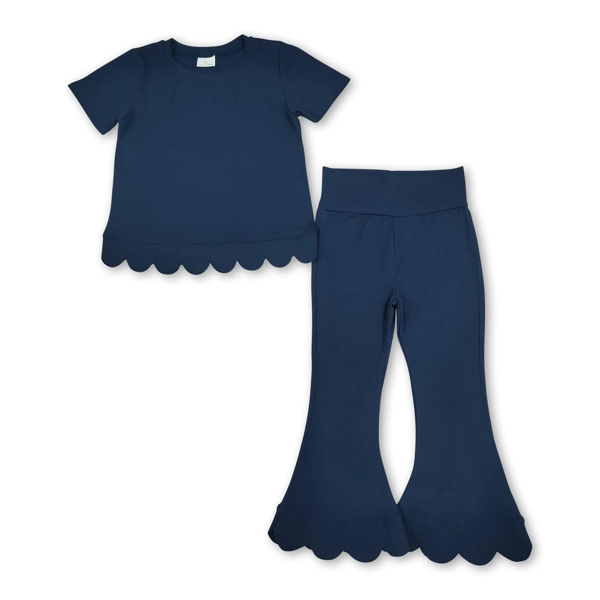 RTS NO MOQ Sibling cotton Baby Girls Solid Color Short Sleeve Shirts Top Bell Bottom Pant Scallop Clothes Sets Casual Outfit