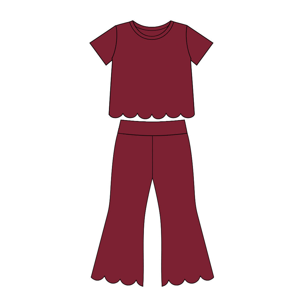 (Preorder new) No moq Baby Girls Solid Color Crew Neck Short Sleeve Top Pants Scallop Clothes Sets