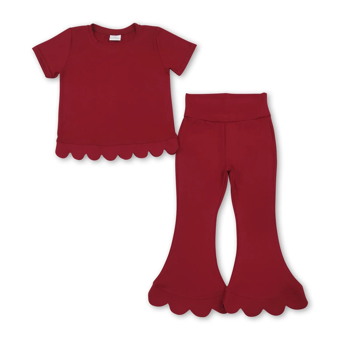 RTS NO MOQ Sibling cotton Baby Girls Solid Color Short Sleeve Shirts Top Bell Bottom Pant Scallop Clothes Sets Casual Outfit