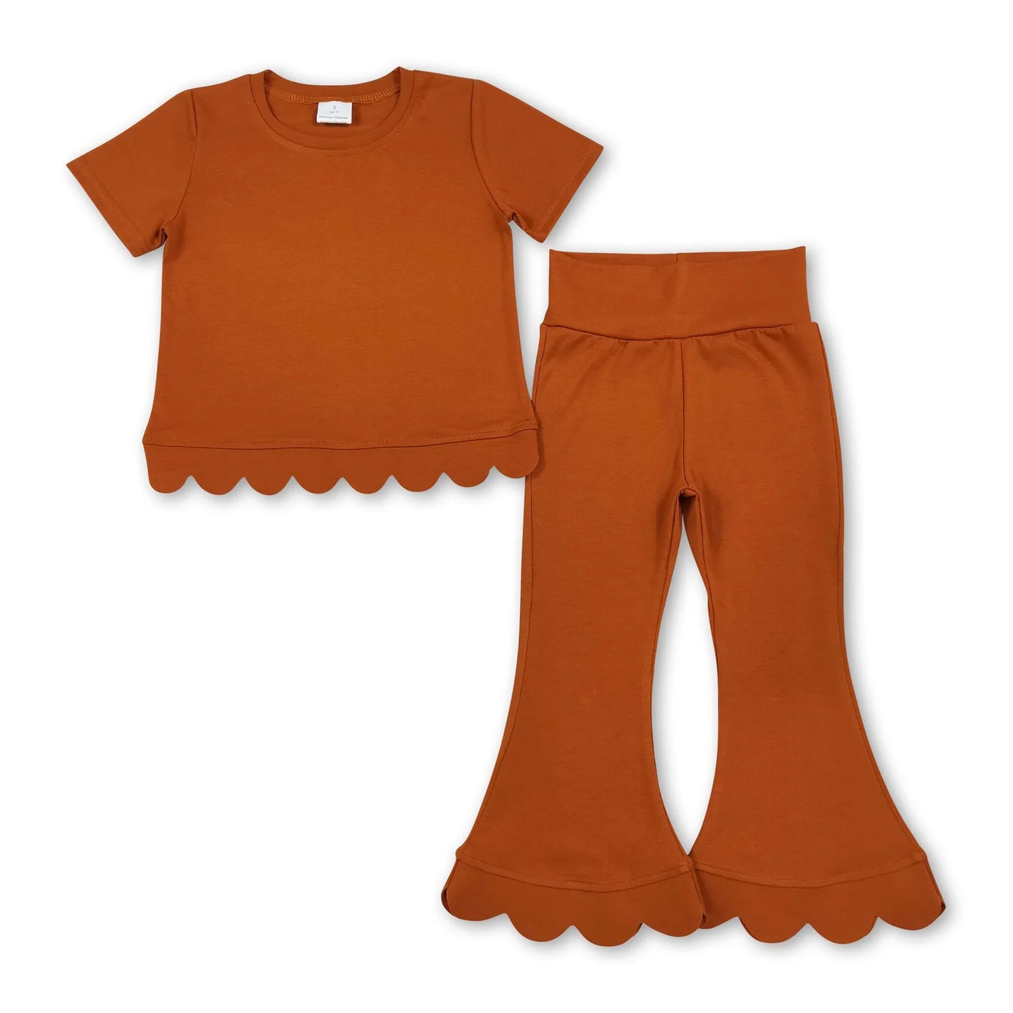 RTS NO MOQ Sibling cotton Baby Girls Solid Color Short Sleeve Shirts Top Bell Bottom Pant Scallop Clothes Sets Casual Outfit