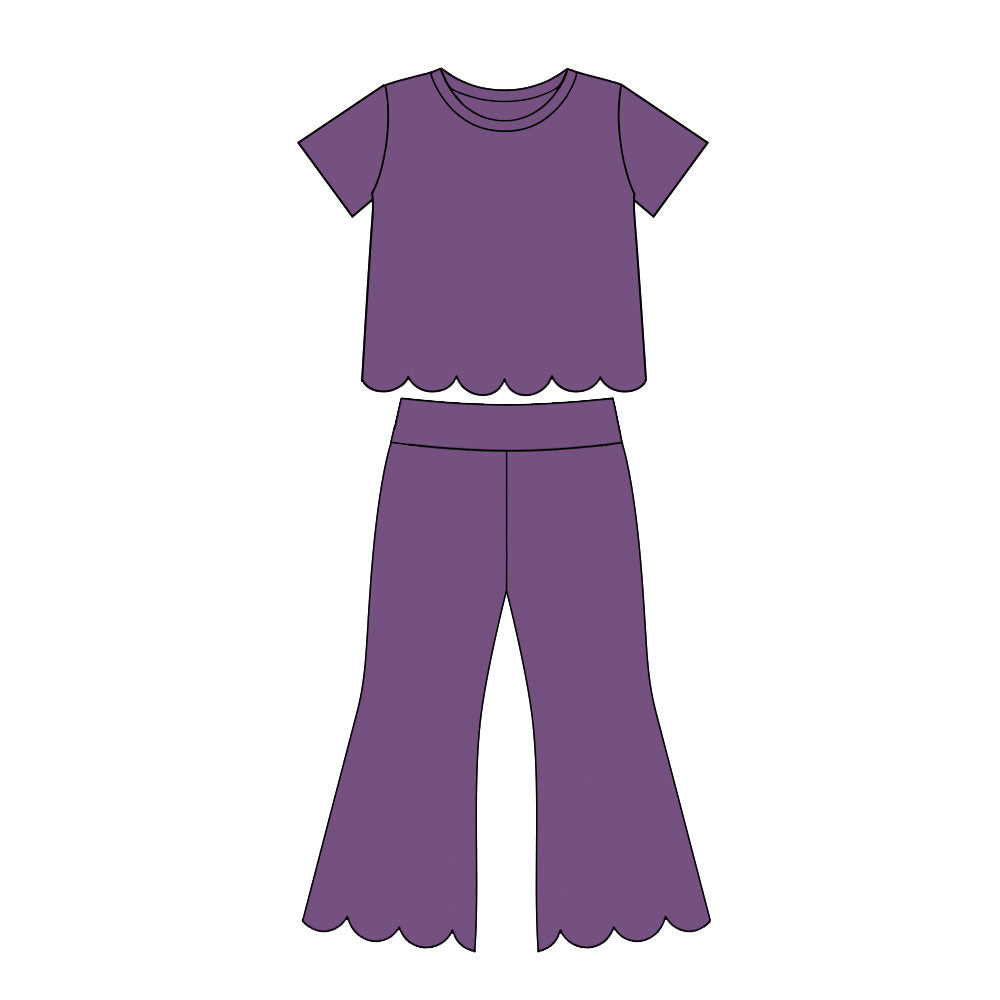 (Preorder new) No moq Baby Girls Solid Color Crew Neck Short Sleeve Top Pants Scallop Clothes Sets