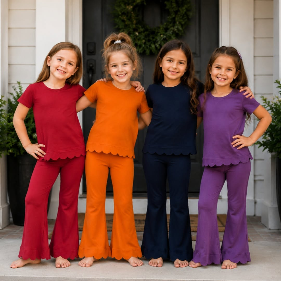 RTS NO MOQ Sibling cotton Baby Girls Solid Color Short Sleeve Shirts Top Bell Bottom Pant Scallop Clothes Sets Casual Outfit