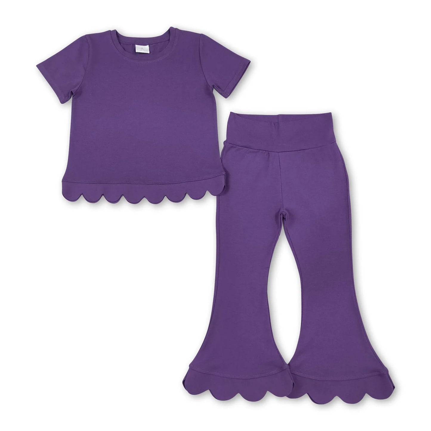 RTS NO MOQ Sibling cotton Baby Girls Solid Color Short Sleeve Shirts Top Bell Bottom Pant Scallop Clothes Sets Casual Outfit