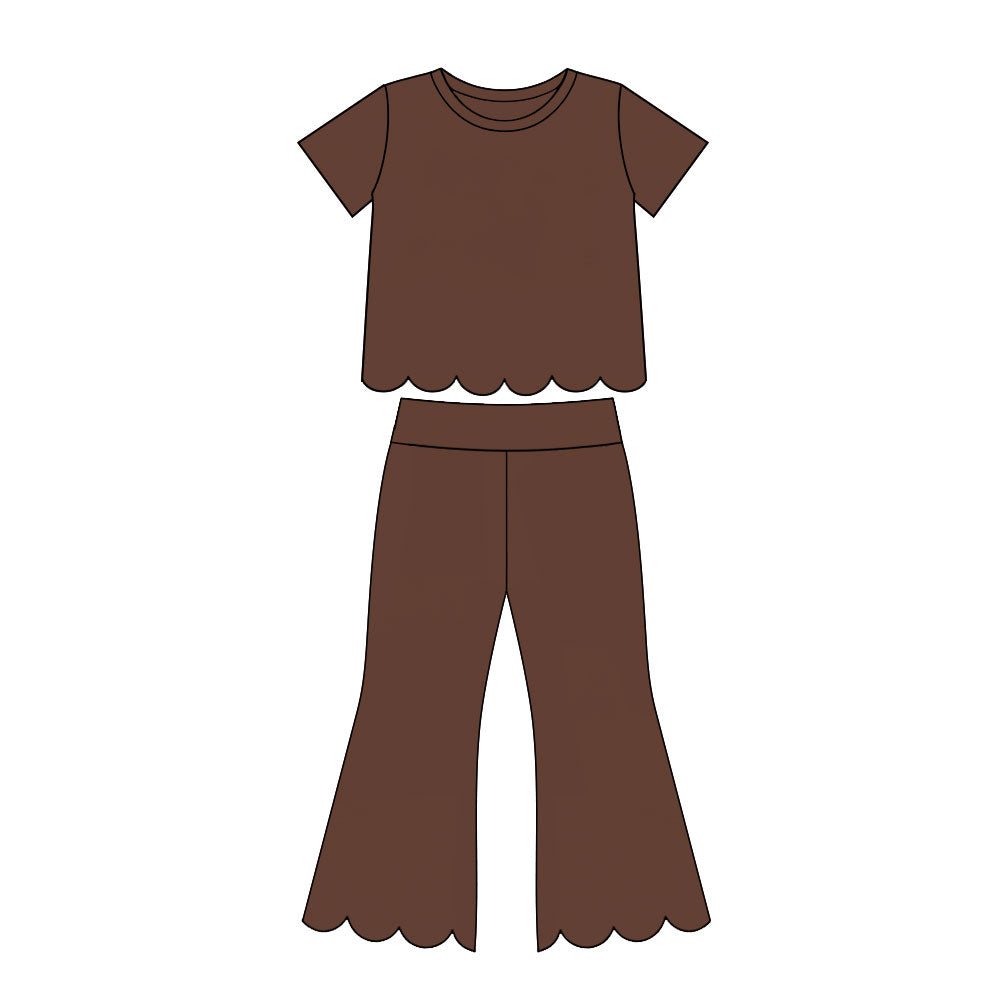 (Preorder new) No moq Baby Girls Solid Color Crew Neck Short Sleeve Top Pants Scallop Clothes Sets