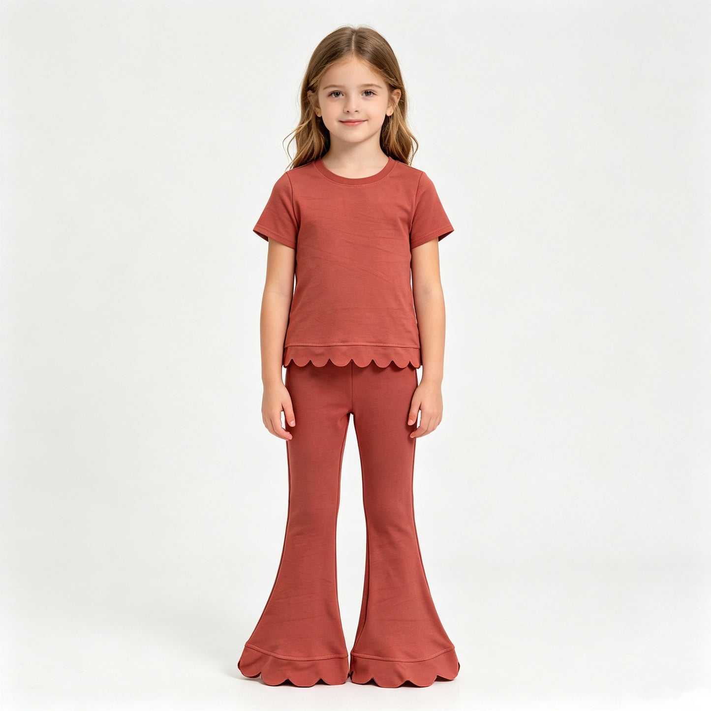 (Sample) No moq cotton GSPO2347（GT1777+P1085）Baby Girls Brown Short Sleeve Shirts Top Flare Pant Scallop Set