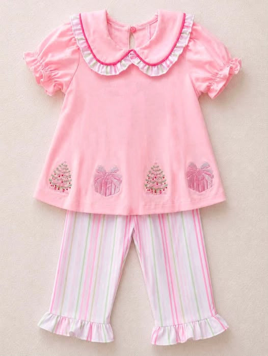 (Preorder new) No moq Baby Girls Pink Embroidered Christmas Tree Gift Short Sleeve  Top Striped Pant Outfit Short Sleeve Romper